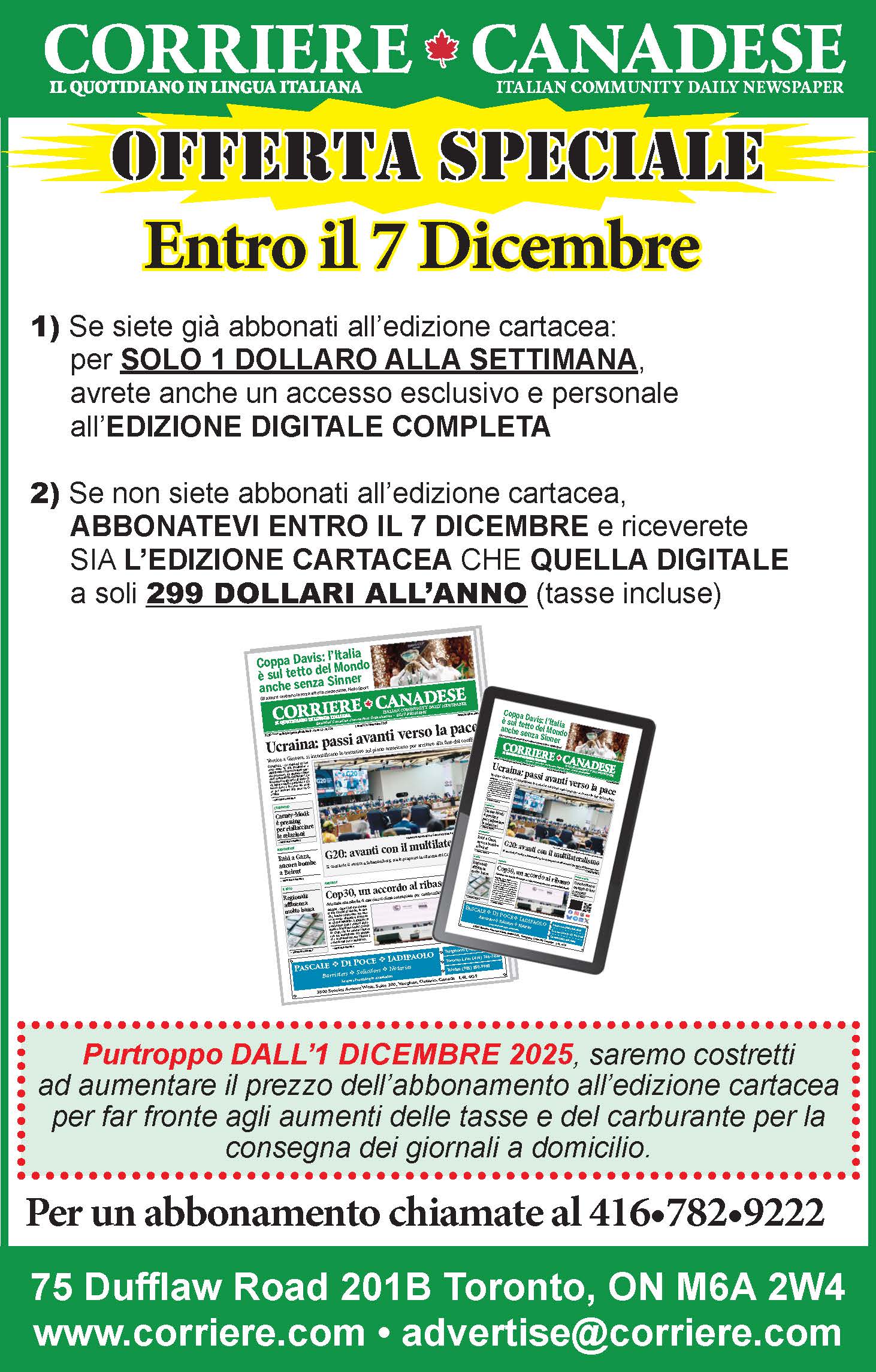 Corriere Canadese - Offerta Speiale - Abbonati 
