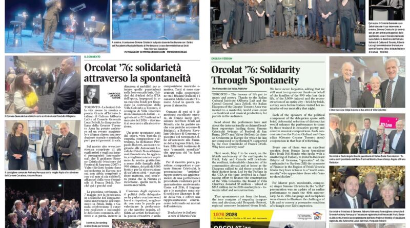 Two-page newspaper spread about Orcolat '76 solidarity, featuring stage performers, a group photo, and article columns.