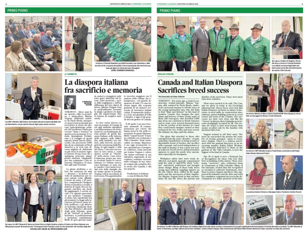 Newspaper spread showing Italian–English pages about the Italian diaspora, with photos of ceremony speakers and attendees.