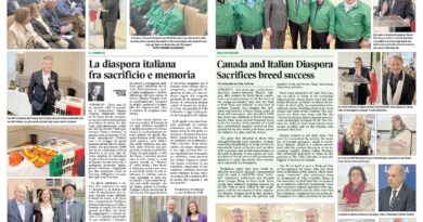 Newspaper spread showing Italian–English pages about the Italian diaspora, with photos of ceremony speakers and attendees.