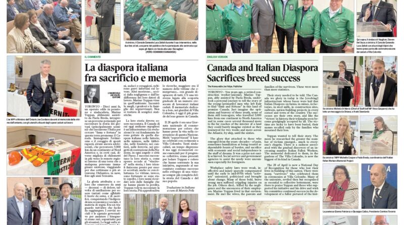 Newspaper spread showing Italian–English pages about the Italian diaspora, with photos of ceremony speakers and attendees.