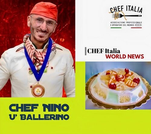 Smiling chef in a white uniform and red hat with a gold medal, beside a graphic that reads 'Chef Italia World News' and a cake image.