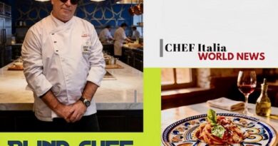 Portrait of Chef Anthony Andaloro in a white chef's jacket standing at a kitchen counter; bold yellow caption identifies him and his role, with additional images of a plated dish and logo collages in the background.