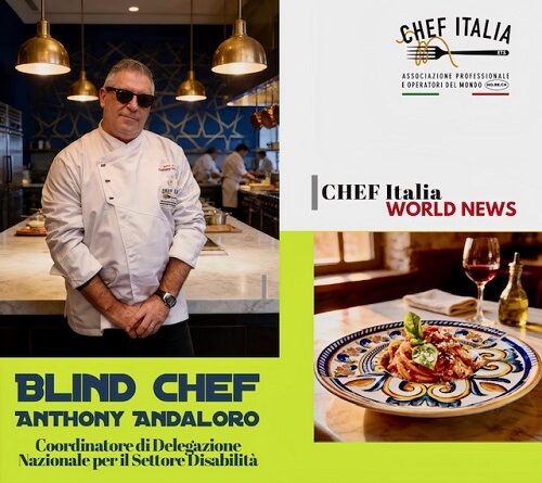 Portrait of Chef Anthony Andaloro in a white chef's jacket standing at a kitchen counter; bold yellow caption identifies him and his role, with additional images of a plated dish and logo collages in the background.