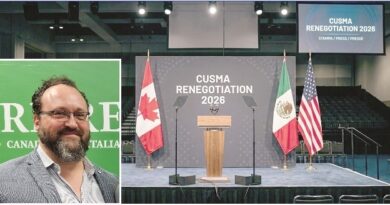 Left: man with glasses and beard; right: conference stage with podium and Canada, Mexico, and US flags for 'CUSMA Renegotiation 2026'