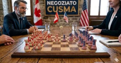 Two negotiators sit across from each other at a wooden table with a chessboard; Canadian and American flags flank a backdrop reading 'NEGOCIATO CUSMA' in a formal negotiation setting.