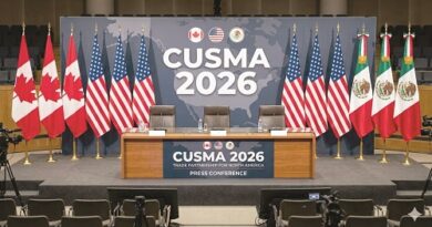 Press conference stage for CUSMA 2026 with a podium and flags of Canada, the U.S., and Mexico on both sides.