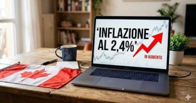 Laptop on a wooden desk shows 'Inflazione al 2,4%' with an upward red arrow; a Canadian flag and a mug nearby.
