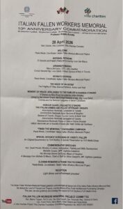 Poster announcing the Italian Fallen Workers Memorial 10th anniversary commemorative event on 28 April 2026 at Villa Colombo complex, with logos at top.