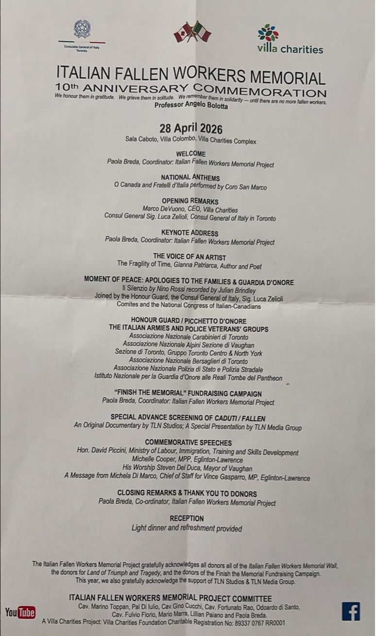 Poster announcing the Italian Fallen Workers Memorial 10th anniversary commemorative event on 28 April 2026 at Villa Colombo complex, with logos at top.
