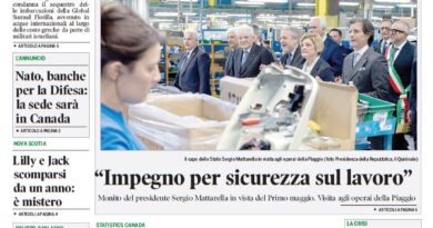 Front page of Corriere Canadese newspaper with large Italian headline and a photo of officials touring a factory.