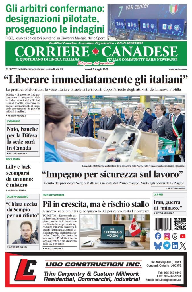 Front page of Corriere Canadese newspaper with large Italian headline and a photo of officials touring a factory.