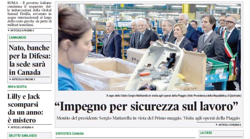 Front page of Corriere Canadese newspaper with large Italian headline and a photo of officials touring a factory.