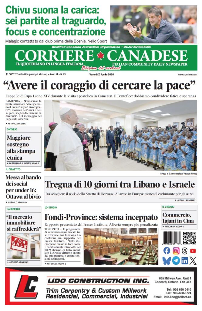 Front page of Corriere Canadese with Pope's visit to Cameroon; main headline 'Avere il coraggio di cercare la pace' and photo of Pope addressing children in a hall.