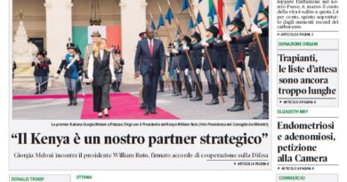 Front page of Corriere Canadese, a Canadian-Italian newspaper, featuring a green masthead and the headline 'Inflazione, nuova fiammata dei prezzi' with a large photo of Giorgia Meloni and Kenya's president William Ruto at a formal ceremony.
