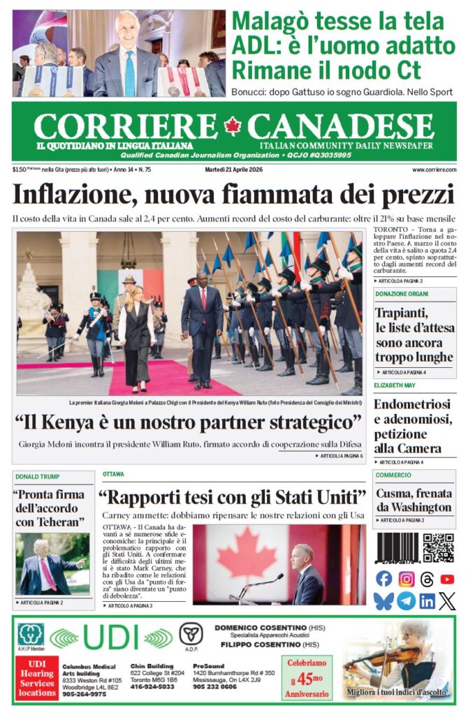 Front page of Corriere Canadese, a Canadian-Italian newspaper, featuring a green masthead and the headline 'Inflazione, nuova fiammata dei prezzi' with a large photo of Giorgia Meloni and Kenya's president William Ruto at a formal ceremony.