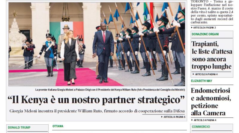 Front page of Corriere Canadese, a Canadian-Italian newspaper, featuring a green masthead and the headline 'Inflazione, nuova fiammata dei prezzi' with a large photo of Giorgia Meloni and Kenya's president William Ruto at a formal ceremony.