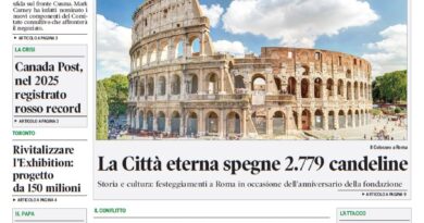 Front page of Corriere Canadese featuring a sports photo of a Manchester City player at the top and a large photo of the Colosseum with bold headlines about Ottawa and Rome developments beneath.