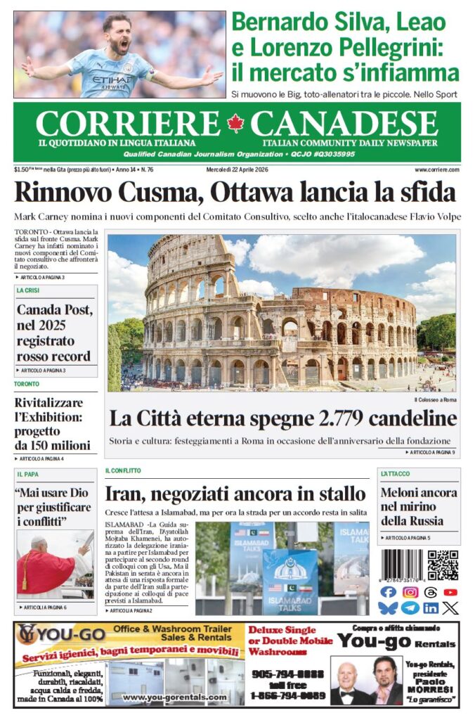 Front page of Corriere Canadese featuring a sports photo of a Manchester City player at the top and a large photo of the Colosseum with bold headlines about Ottawa and Rome developments beneath.