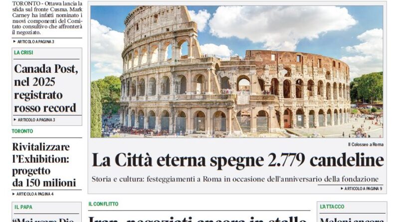 Front page of Corriere Canadese featuring a sports photo of a Manchester City player at the top and a large photo of the Colosseum with bold headlines about Ottawa and Rome developments beneath.