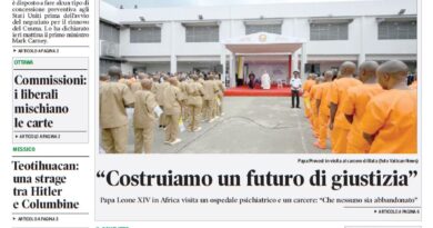 Front page of Corriere Canadese with bold headline; photo shows uniformed prisoners lined up outside a building for a ceremony.