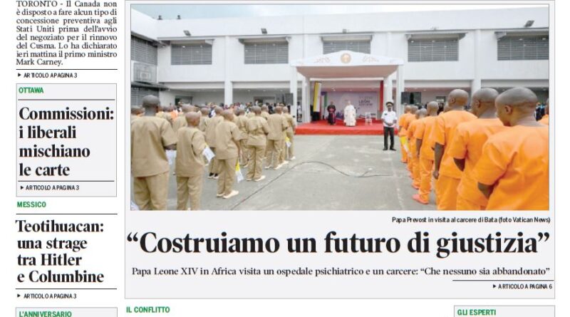 Front page of Corriere Canadese with bold headline; photo shows uniformed prisoners lined up outside a building for a ceremony.