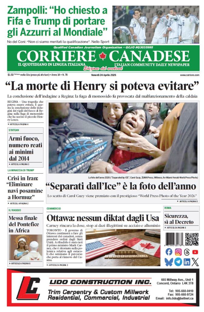 Front page of Corriere Canadese newspaper with green masthead, main headline 'La morte di Henry si poteva evitare' and a crowd photo in the center/right area.