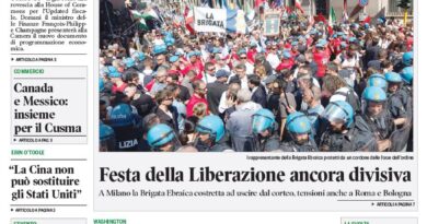 Front page of Corriere Canadese showing a crowded protest with police and banners under the main headline about fiscal updates and investments.
