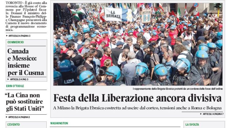 Front page of Corriere Canadese showing a crowded protest with police and banners under the main headline about fiscal updates and investments.