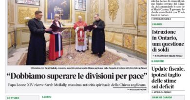 Front page of Corriere Canadese showing a ceremonial meeting in an ornate room under the headline 'Ottawa crea il primo fondo sovrano'.