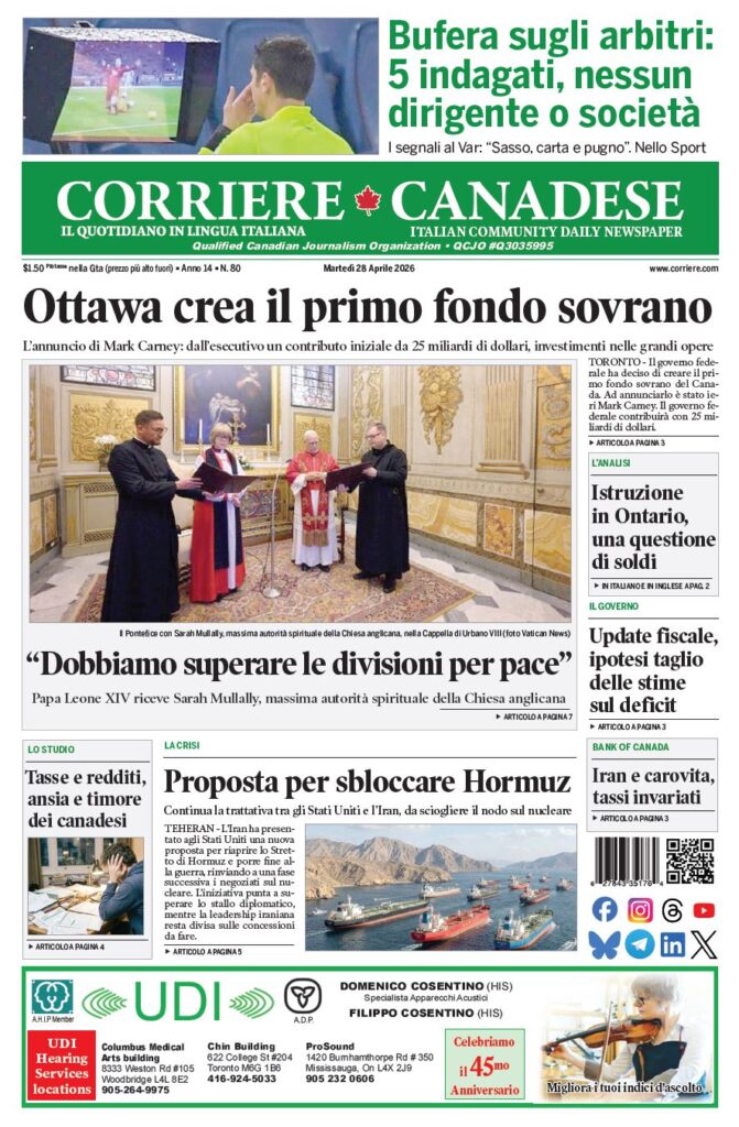 Front page of Corriere Canadese showing a ceremonial meeting in an ornate room under the headline 'Ottawa crea il primo fondo sovrano'.