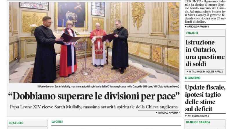 Front page of Corriere Canadese showing a ceremonial meeting in an ornate room under the headline 'Ottawa crea il primo fondo sovrano'.