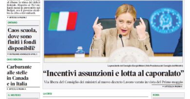 Front page of Corriere Canadese with the headline 'Update fiscale, deficit rivisto al ribasso' and a photo of a woman at a press conference.