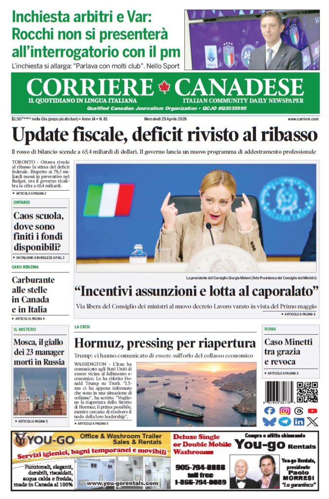 Front page of Corriere Canadese with the headline 'Update fiscale, deficit rivisto al ribasso' and a photo of a woman at a press conference.