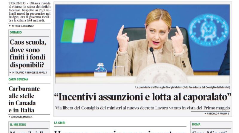 Front page of Corriere Canadese with the headline 'Update fiscale, deficit rivisto al ribasso' and a photo of a woman at a press conference.