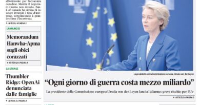 Front page of Corriere Canadese newspaper with a bold Ottawa headline and a photo of Ursula von der Leyen speaking at a podium in a blue suit with European flags behind her, conveying EU news.