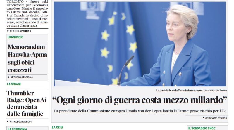 Front page of Corriere Canadese newspaper with a bold Ottawa headline and a photo of Ursula von der Leyen speaking at a podium in a blue suit with European flags behind her, conveying EU news.