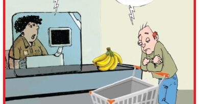 Cartoon: a cashier at a checkout asks, 'Is everything for today?', while a man with a shopping cart replies it's for the whole month.