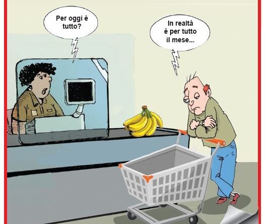 Cartoon: a cashier at a checkout asks, 'Is everything for today?', while a man with a shopping cart replies it's for the whole month.