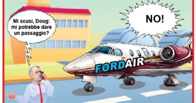Cartoon vignette: a man on a runway asks Doug for a ride, while a private jet labeled FORDAIR refuses with a big 'NO!' speech bubble.