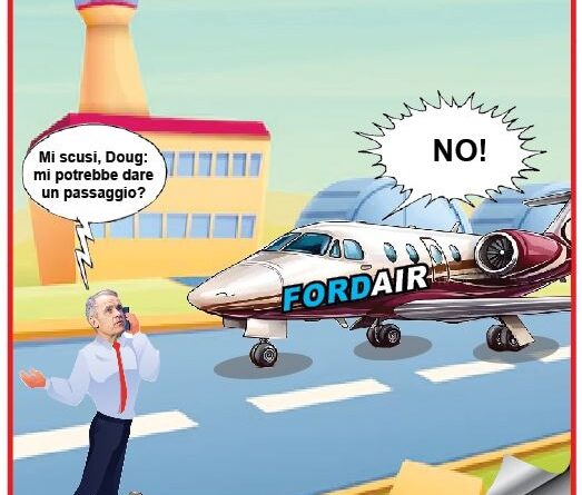 Cartoon vignette: a man on a runway asks Doug for a ride, while a private jet labeled FORDAIR refuses with a big 'NO!' speech bubble.