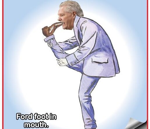 Political cartoon of a man in a light blue suit bending over to put his foot in his mouth, captioned 'Ford foot in mouth'.