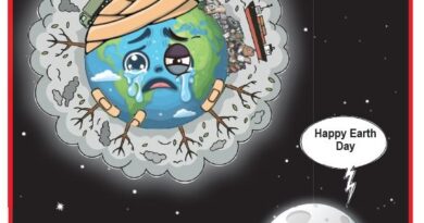 Cartoon Earth in space with a sad face, surrounded by debris and damaged trees; a speech bubble reads 'Happy Earth Day'.