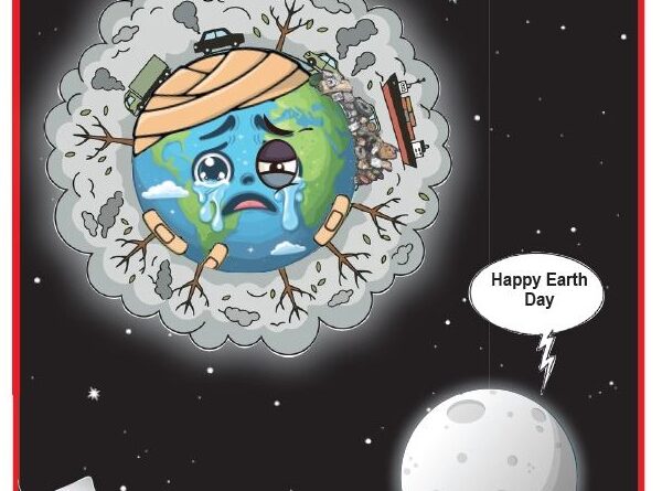 Cartoon Earth in space with a sad face, surrounded by debris and damaged trees; a speech bubble reads 'Happy Earth Day'.