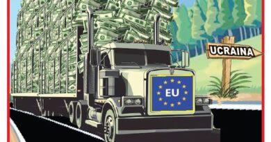 Cartoon truck loaded with piles of cash on a highway toward a sign labeled Ukraine, EU flag on the truck’s grille indicating financial support or aid.