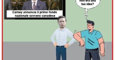 Satirical cartoon: two men stand in a room watching a TV news report about a Canadian national sovereign fund, with one asking, 'Hey Pierre, wasn’t that your idea?'