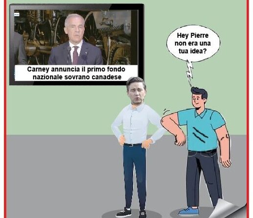 Satirical cartoon: two men stand in a room watching a TV news report about a Canadian national sovereign fund, with one asking, 'Hey Pierre, wasn’t that your idea?'