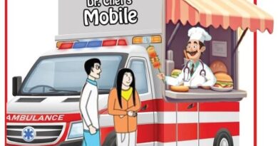 Cartoon showing a doctor in a mobile food stand on an ambulance, talking to a couple, with an Italian headline about Ontario hospitals cutting jobs.