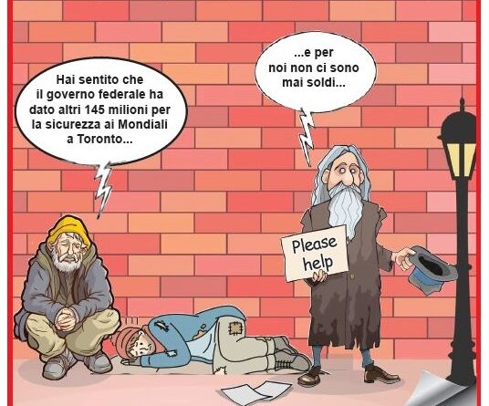 Cartoon showing a weary beggar and another old man with a 'Please help' sign, standing near a sleeping man; speech balloons claim the federal government spent 145 million for security at Toronto World Cup while 'for us there is never money' happens. The image conveys a critique of government spending and poverty.
