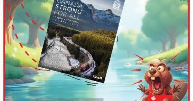 Colorful promotional illustration: a poster labeled 'Canada Strong For All' is suspended over a lake by a crane, with a surprised beaver on a nest nearby and 'La Vignetta di Ynot' at the top edge.